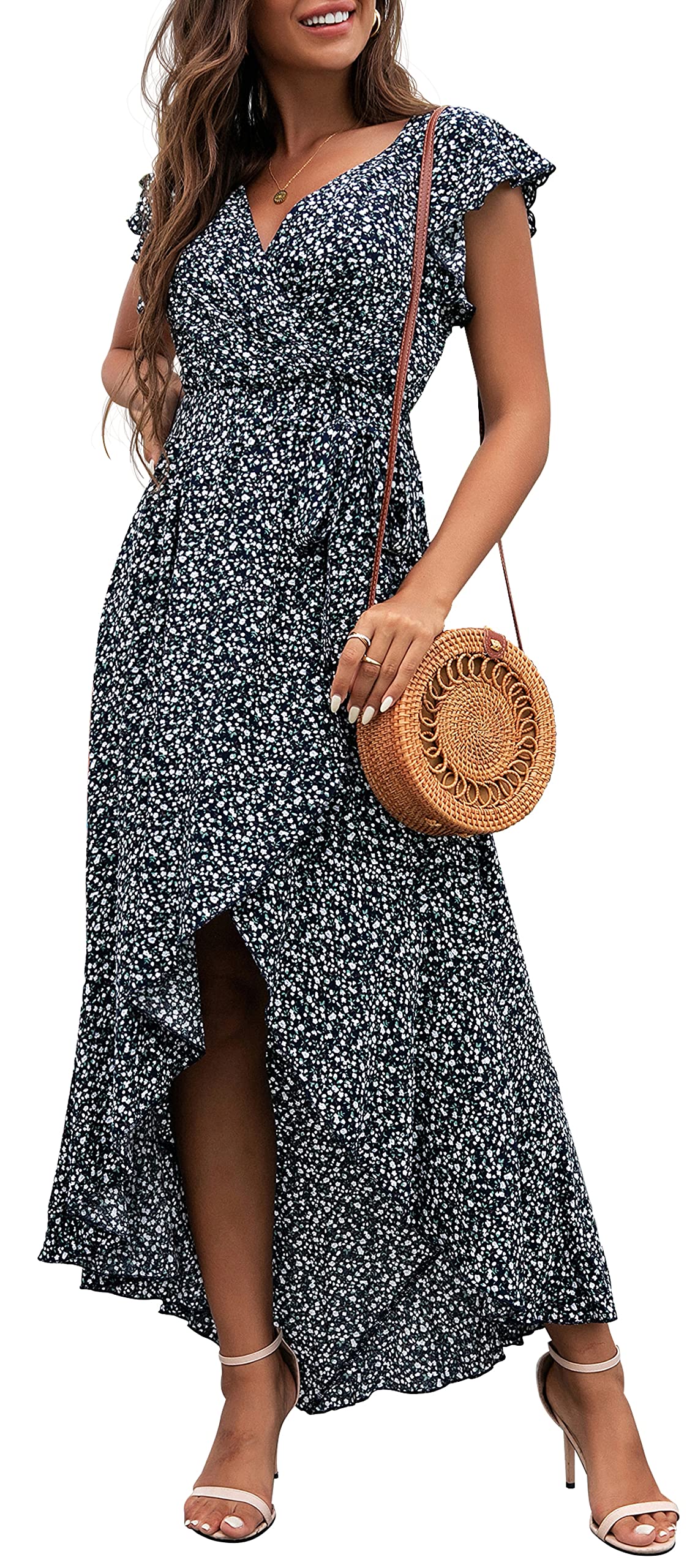 Gertrude Abito Donna – Cache-Cœur Scollo a V Floral, Linea Maxi Fluida & Ourlet Asymétrique Estate