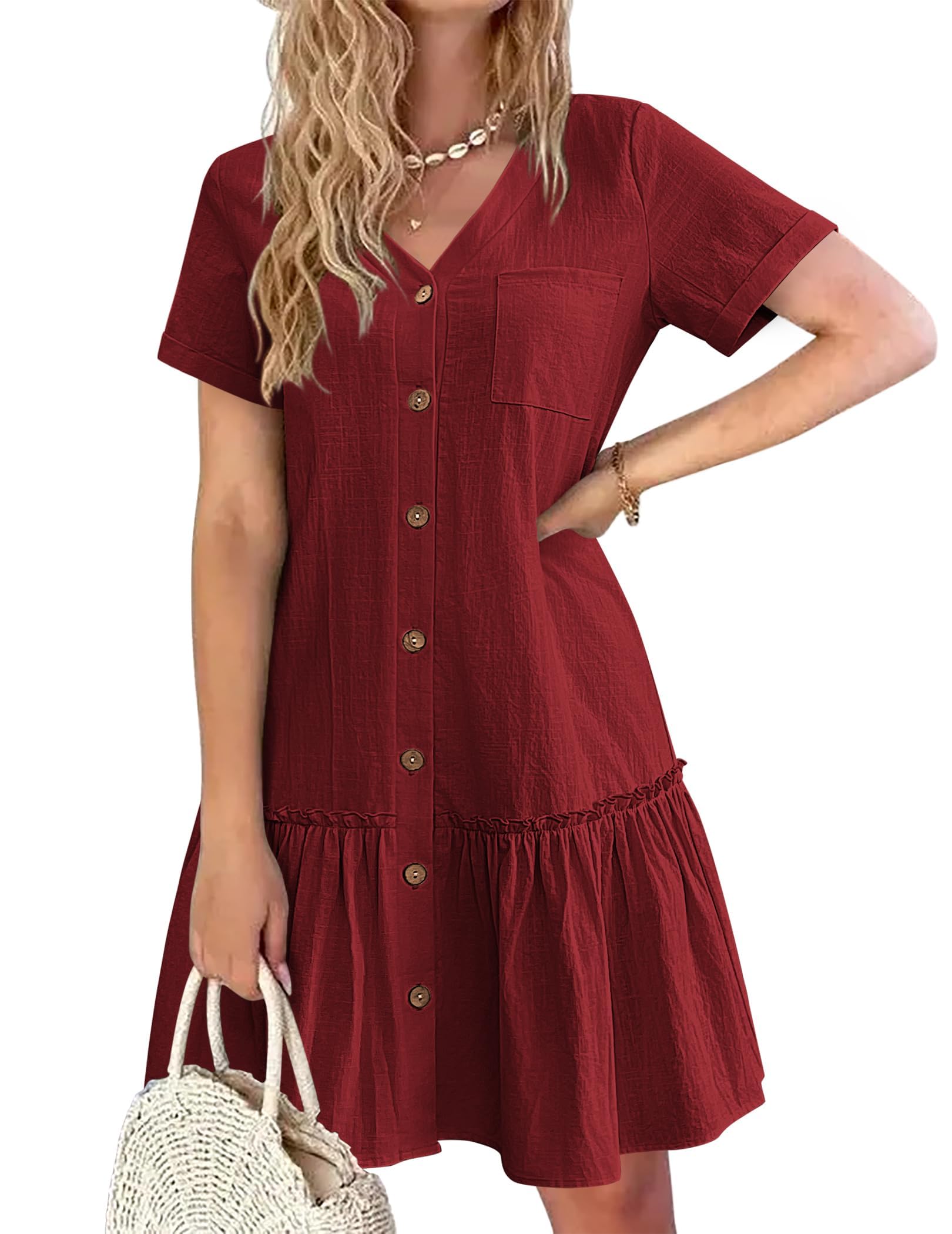 Trixie Abito Donna – Scollo a V Boutonnée, Cotone Lin Vestibilità Ampia & Ourlet Balze Estate