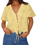 Liora Top Donna Estate – Blusa Bohémien in Cotone Broderie Anglaise con Nœud, Style Plage Chic