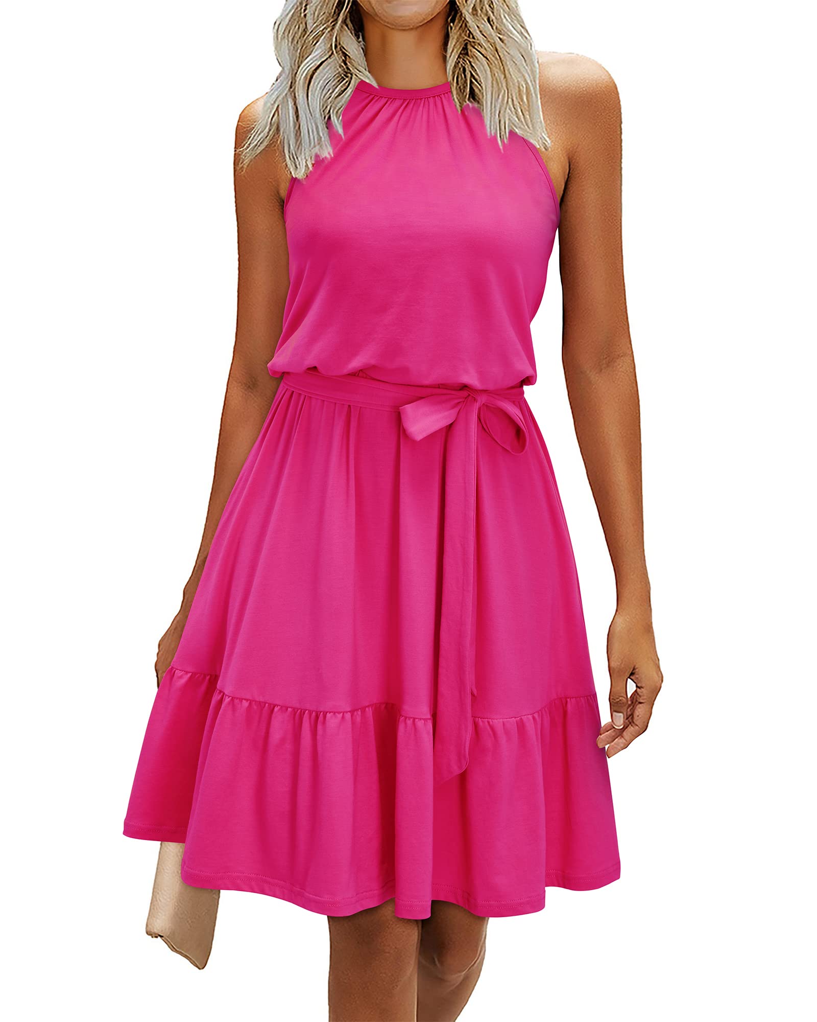 Rosa Abito Donna – Col Halter Senza Maniche, Linea a Trapezio Midi & Ceinture con Tasche