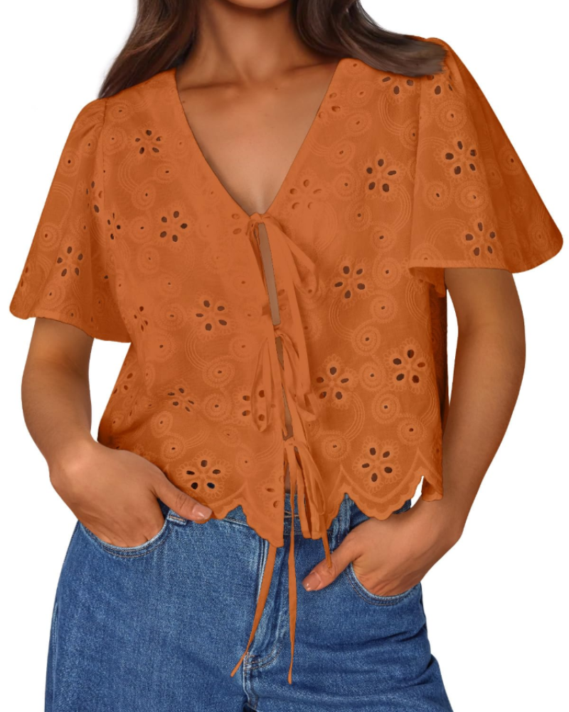 Liora Top Donna Estate – Blusa Bohémien in Cotone Broderie Anglaise con Nœud, Style Plage Chic