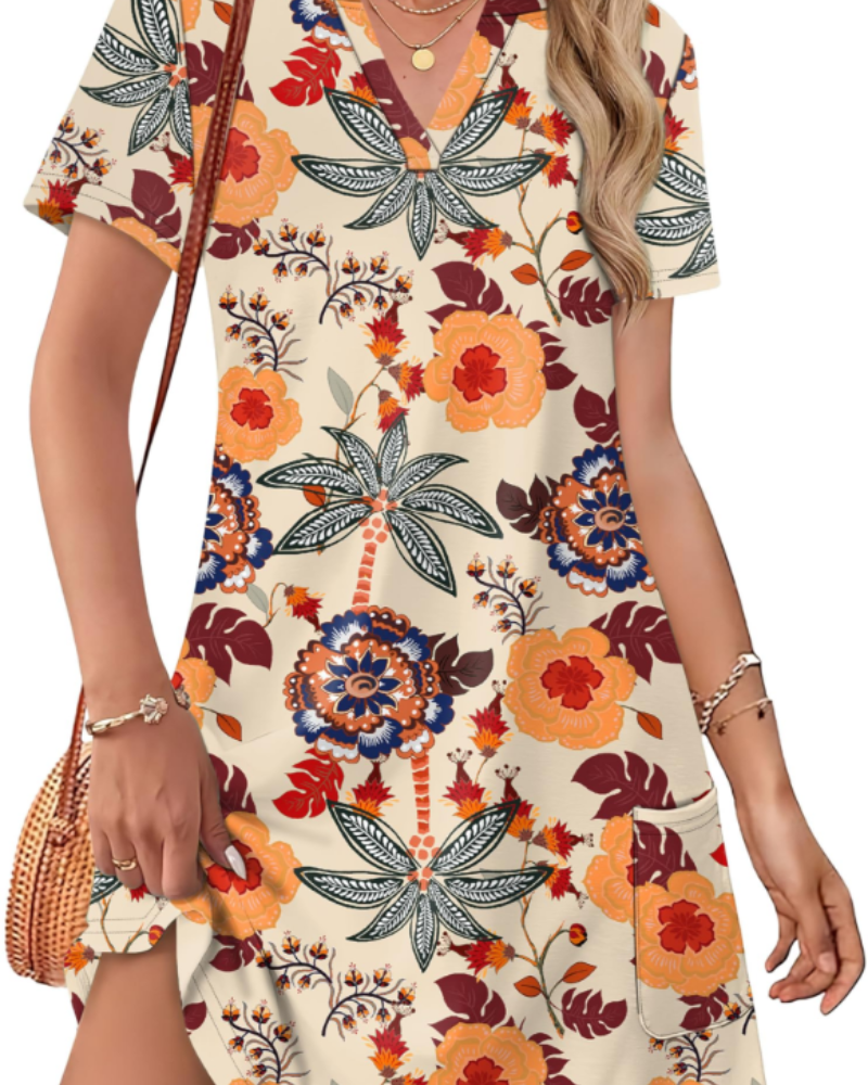 Sherry Abito Donna Estate – Abito Midi Scollo a V Elegante, Linea Fluida Bohémien per Vacances & Mariage