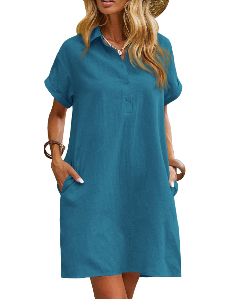 Raine Abito Camicia Donna – Abito Lin Cotone Mi-Longue Scollo a V Boutonnée Tasche Casual Chic Estate