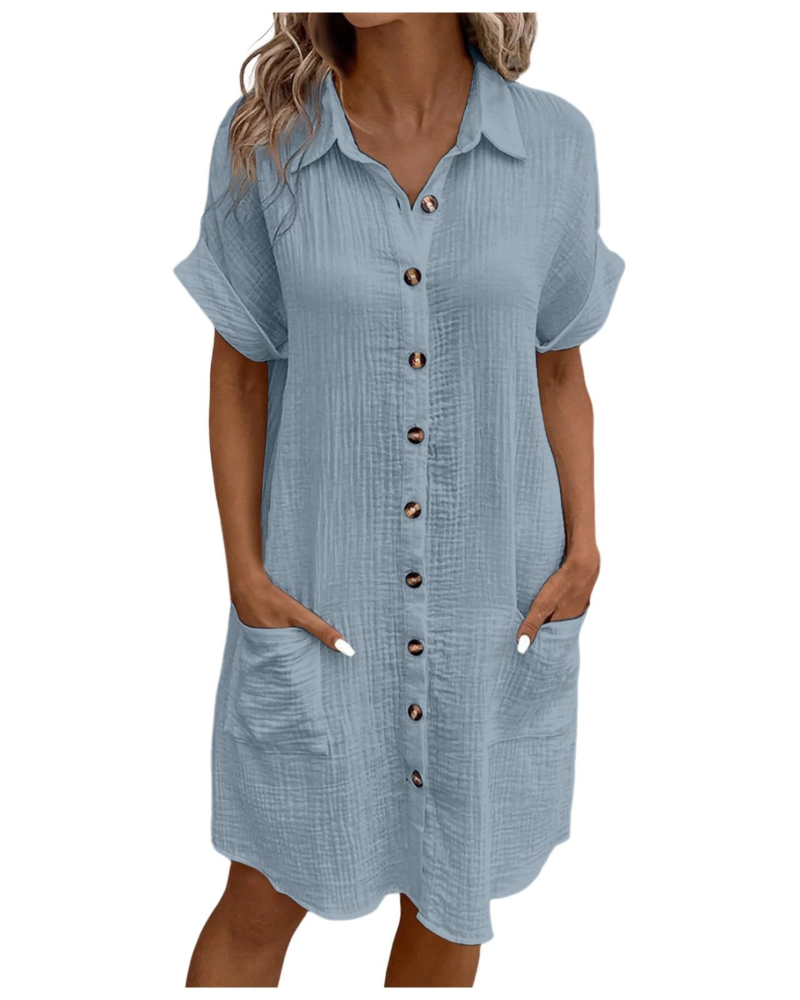 Yvette Abito Donna – Abito Camicia Scollo a V Boutonnée con Tasche Linea Fluida Bohémien Chic