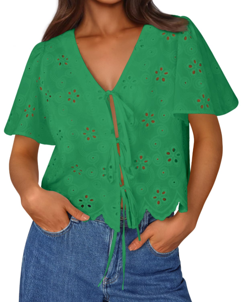 Liora Top Donna Estate – Blusa Bohémien in Cotone Broderie Anglaise con Nœud, Style Plage Chic