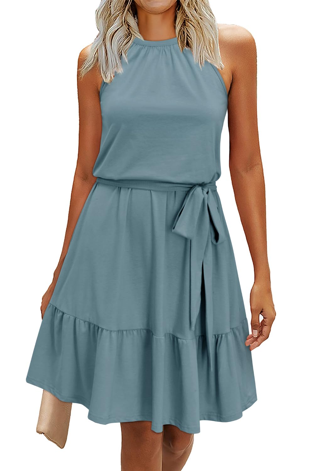 Rosa Abito Donna – Col Halter Senza Maniche, Linea a Trapezio Midi & Ceinture con Tasche