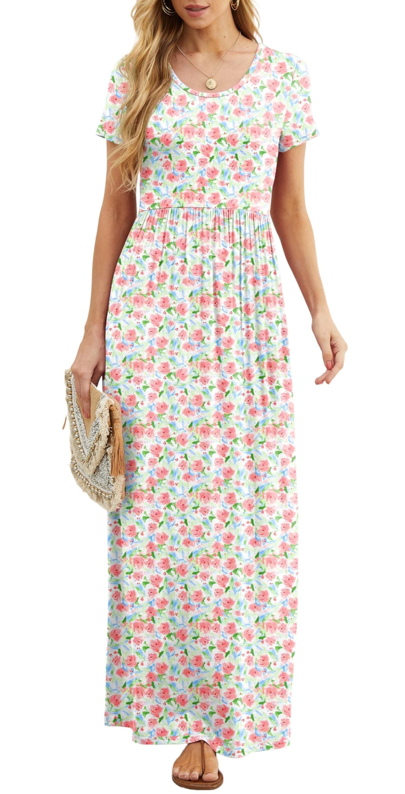 Bridget Abito Maxi Donna – Girocollo Uni, Linea Fluida & Vita Alta con Tasche Estate