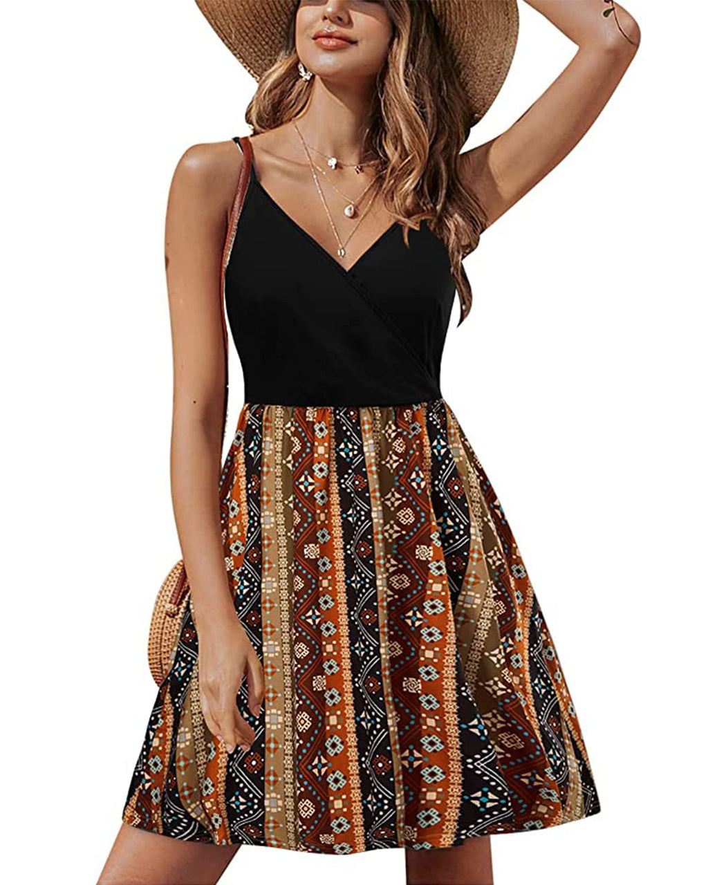 Lusha Abito Donna – Scollo a V Bretella Fines, Linea a Trapezio Midi & Tasche Vita Elastica Estate