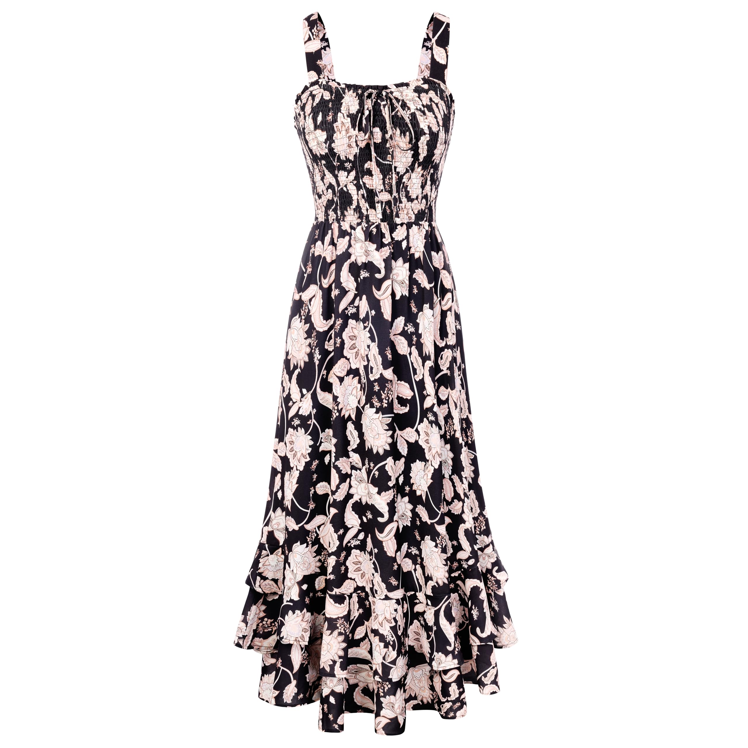 Mildred Abito Maxi Donna – Scollo Quadrato Bretella, Linea a Trapezio Smockée & Ourlet Balze Estate