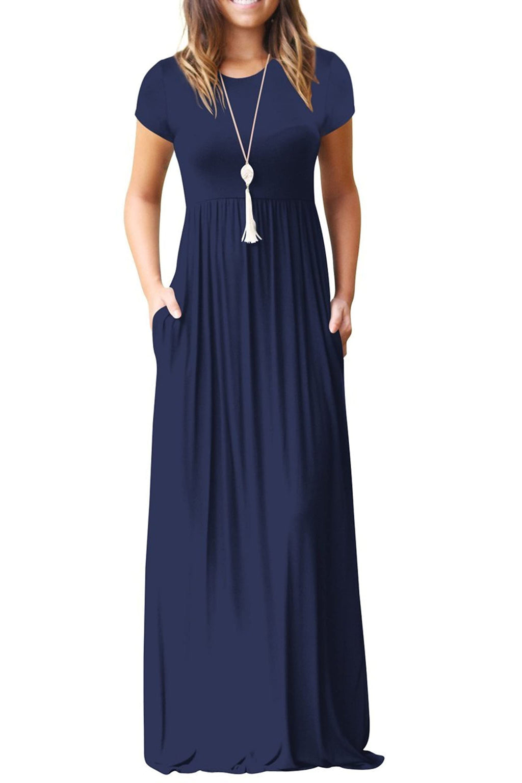 Bridget Abito Maxi Donna – Girocollo Uni, Linea Fluida & Vita Alta con Tasche Estate