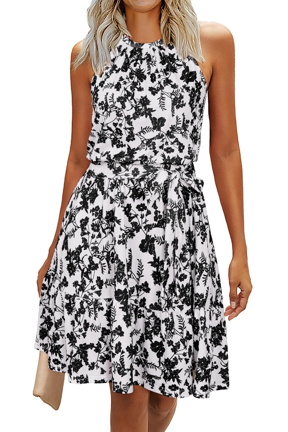 Rosa Abito Donna – Col Halter Senza Maniche, Linea a Trapezio Midi & Ceinture con Tasche
