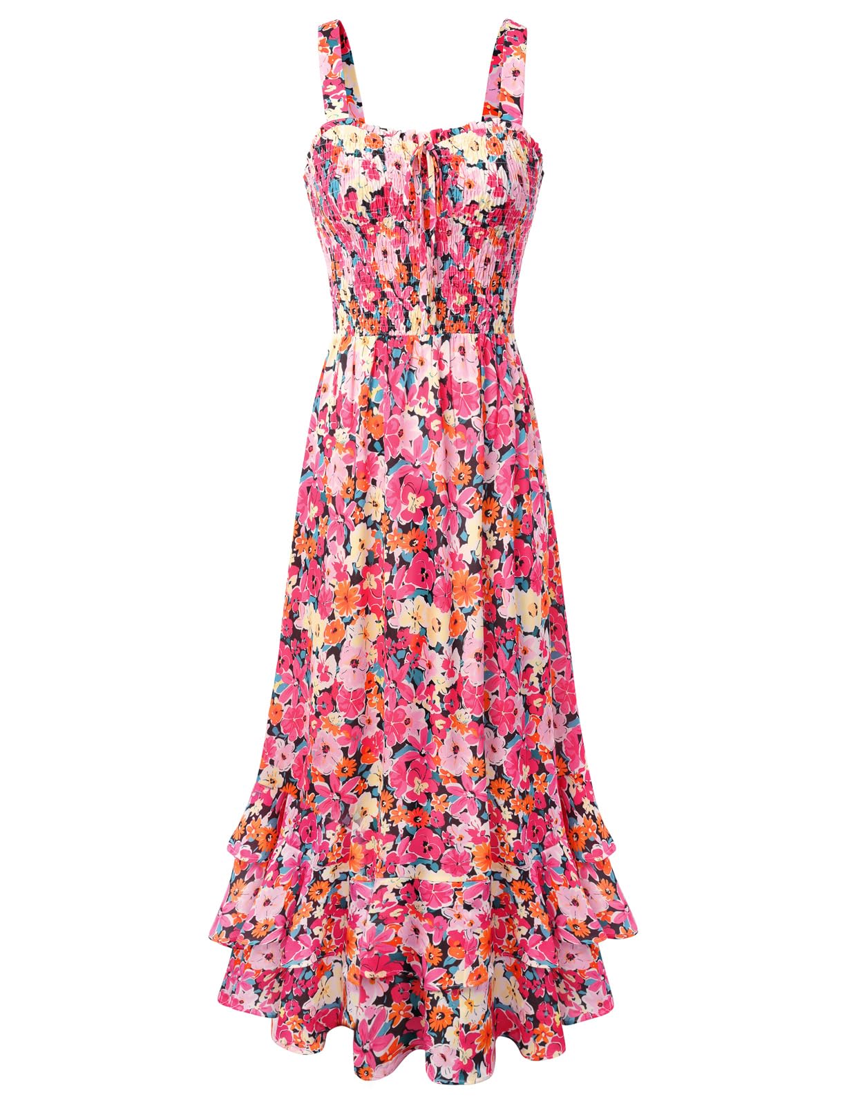 Mildred Abito Maxi Donna – Scollo Quadrato Bretella, Linea a Trapezio Smockée & Ourlet Balze Estate