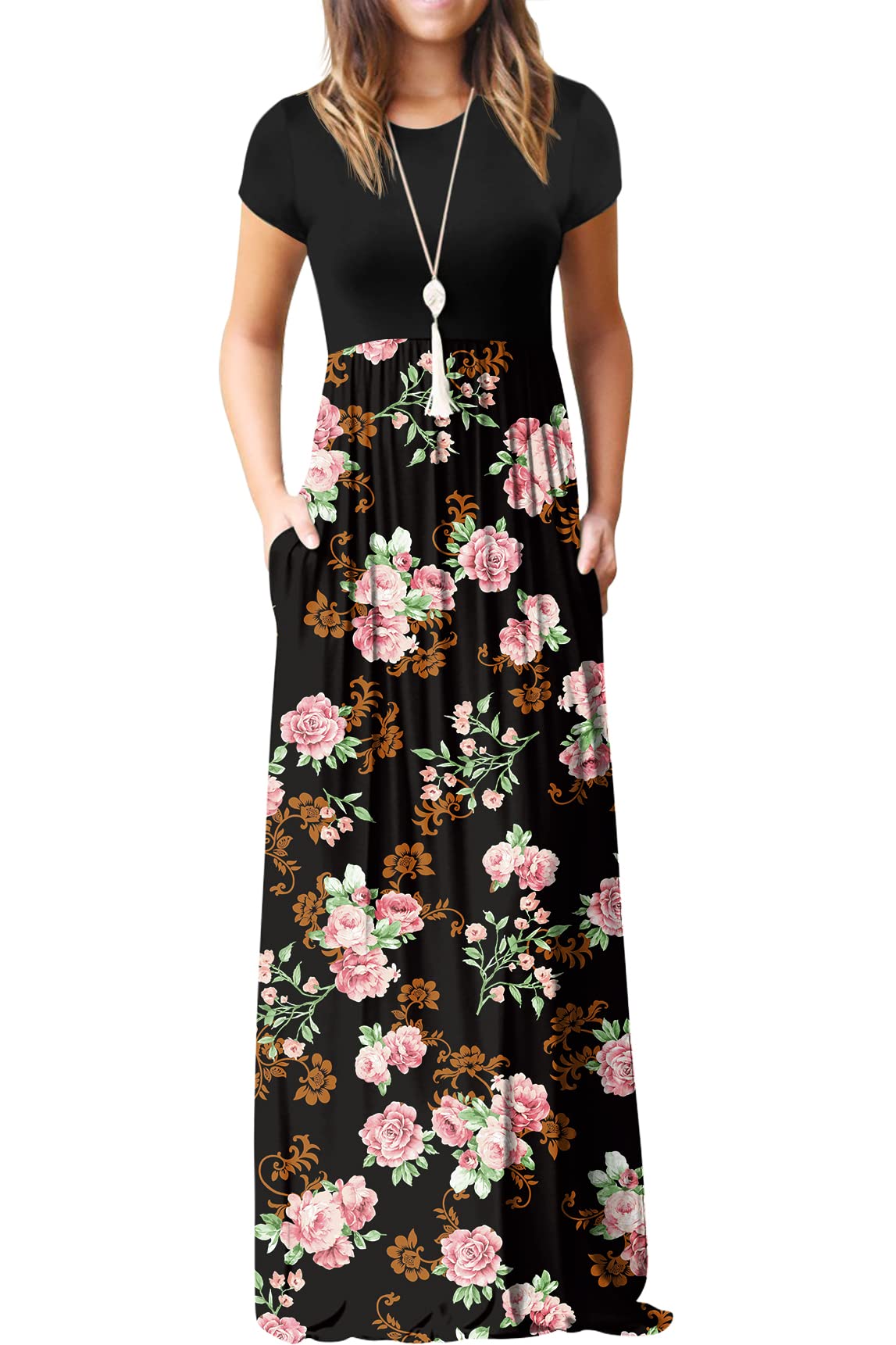 Bridget Abito Maxi Donna – Girocollo Uni, Linea Fluida & Vita Alta con Tasche Estate