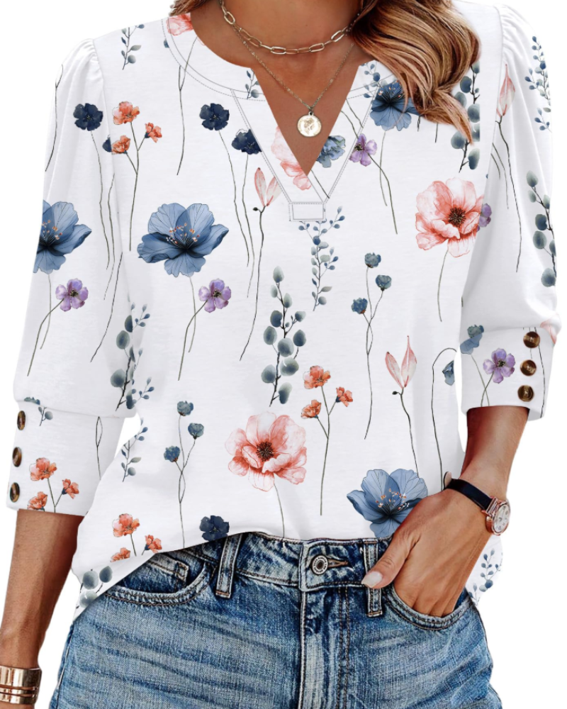 Zeline Blusa Donna – Top Scollo a V Manches 3/4 con Boutons & Style Business Casual