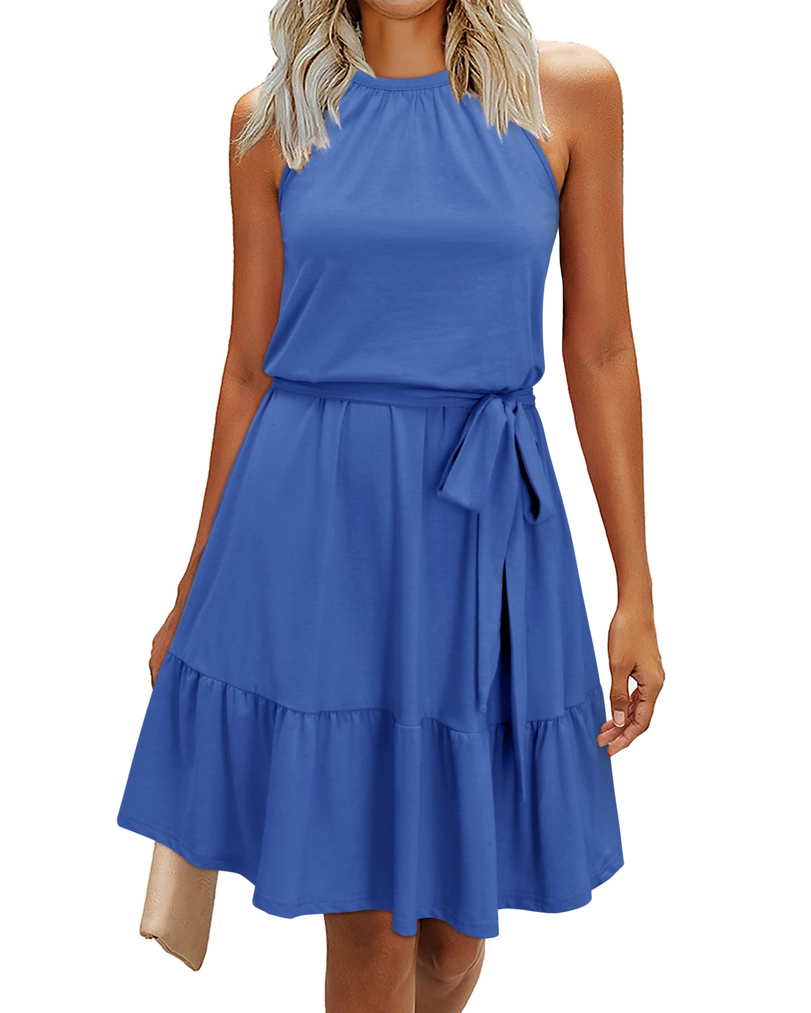 Rosa Abito Donna – Col Halter Senza Maniche, Linea a Trapezio Midi & Ceinture con Tasche