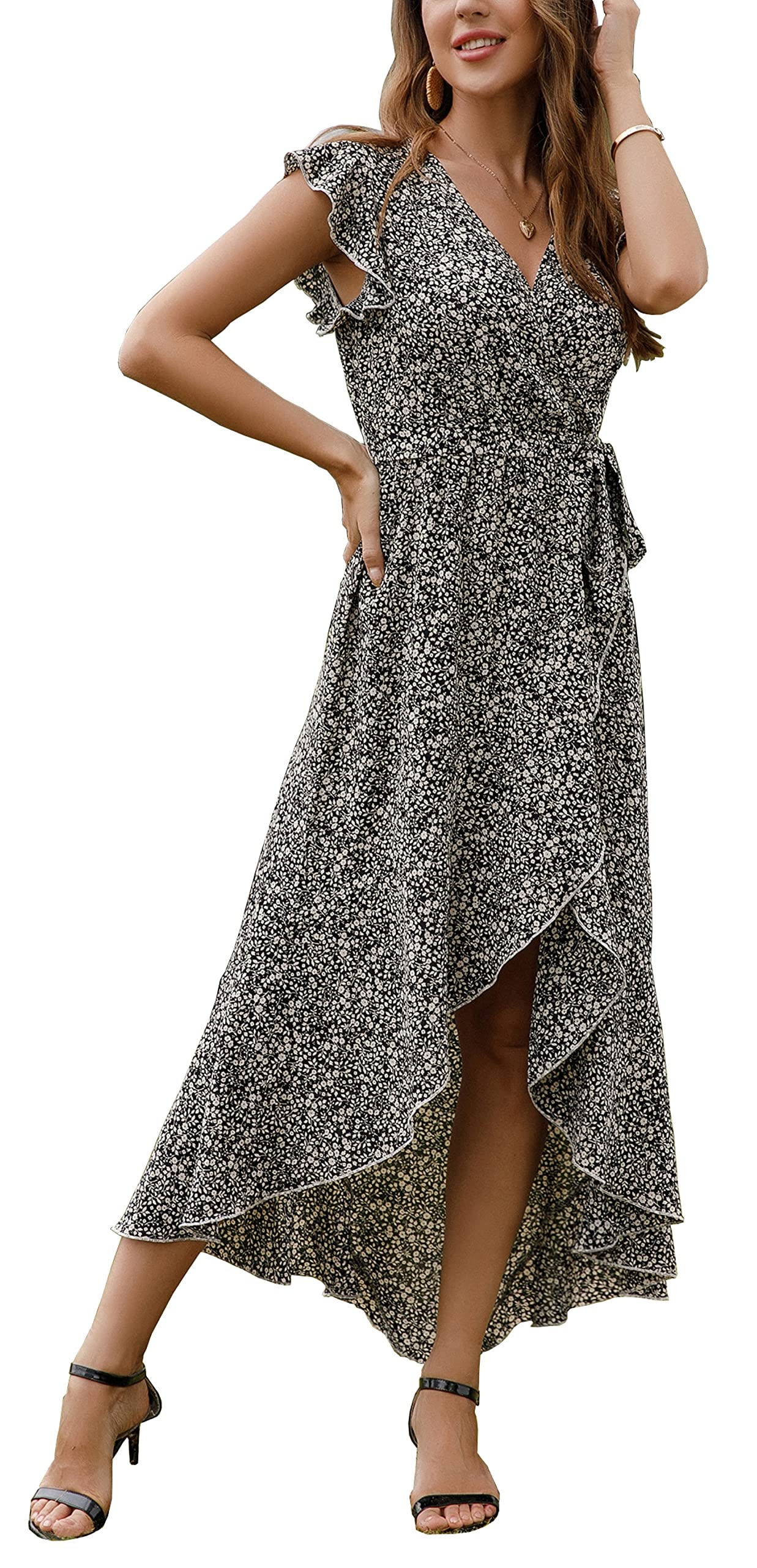 Gertrude Abito Donna – Cache-Cœur Scollo a V Floral, Linea Maxi Fluida & Ourlet Asymétrique Estate