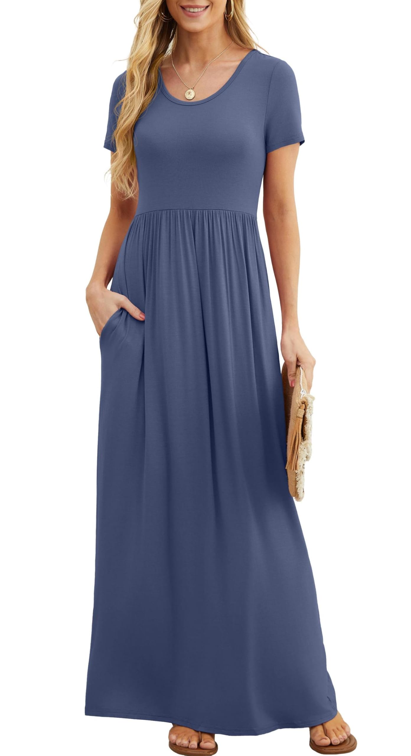 Bridget Abito Maxi Donna – Girocollo Uni, Linea Fluida & Vita Alta con Tasche Estate