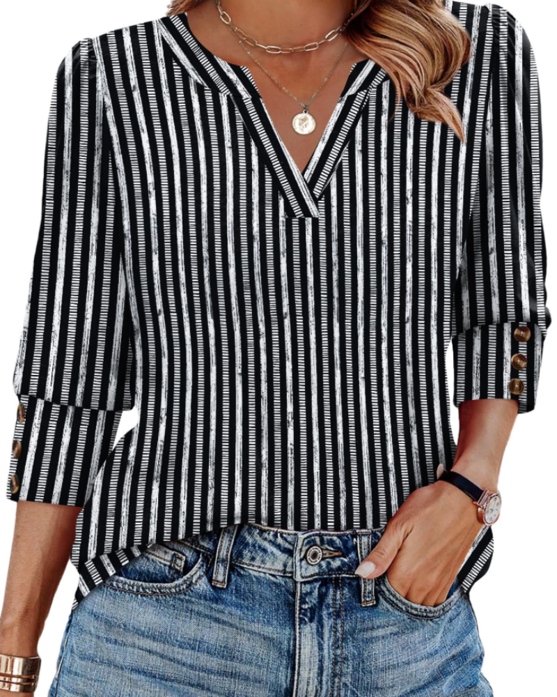 Zeline Blusa Donna – Top Scollo a V Manches 3/4 con Boutons & Style Business Casual