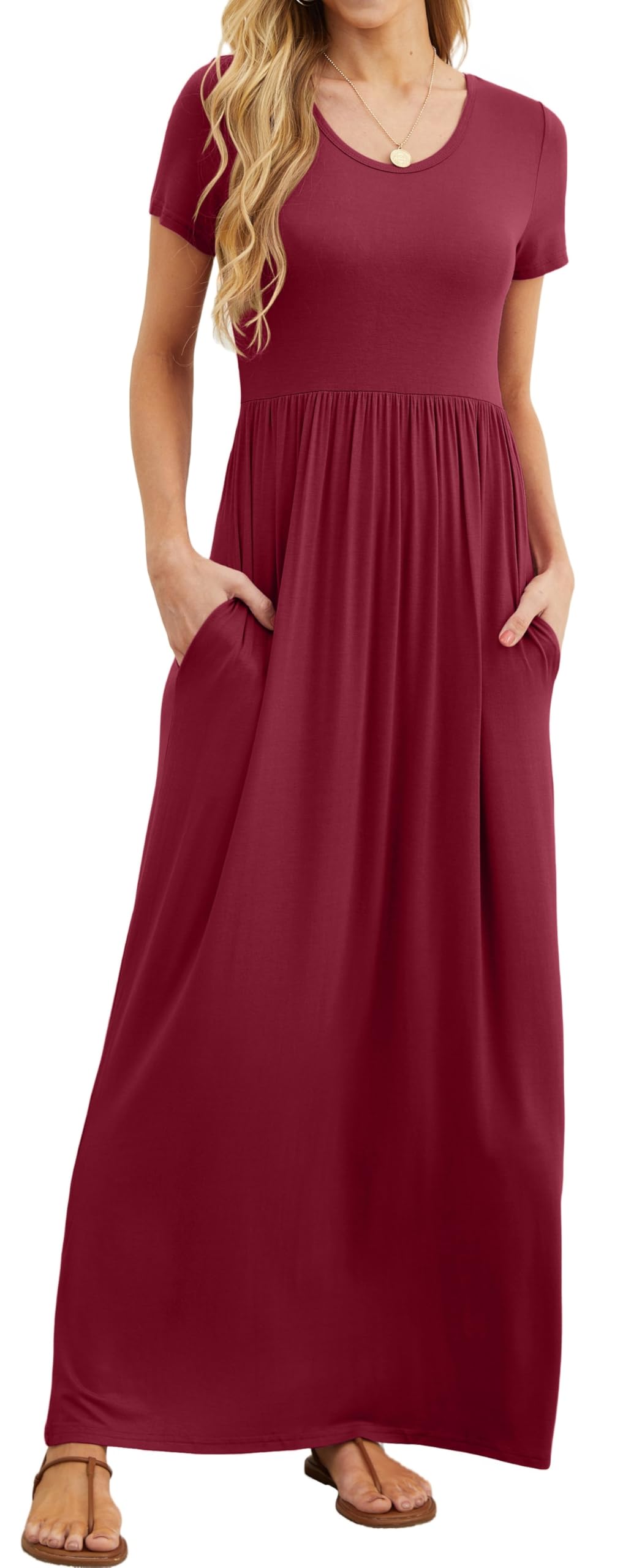 Bridget Abito Maxi Donna – Girocollo Uni, Linea Fluida & Vita Alta con Tasche Estate