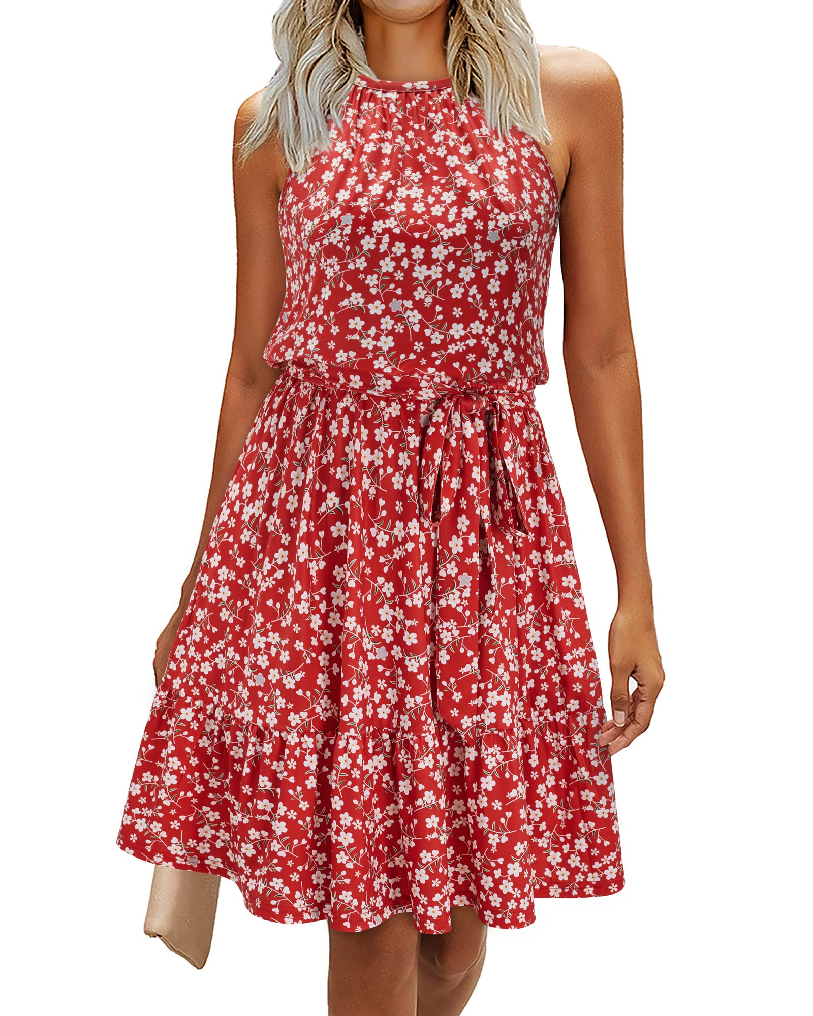 Rosa Abito Donna – Col Halter Senza Maniche, Linea a Trapezio Midi & Ceinture con Tasche