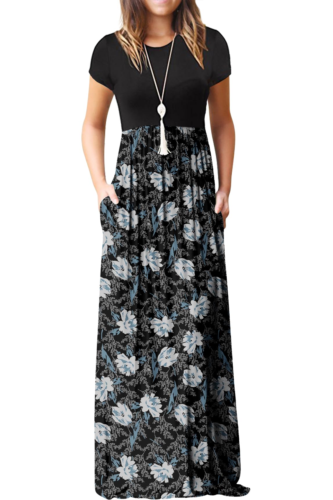 Bridget Abito Maxi Donna – Girocollo Uni, Linea Fluida & Vita Alta con Tasche Estate