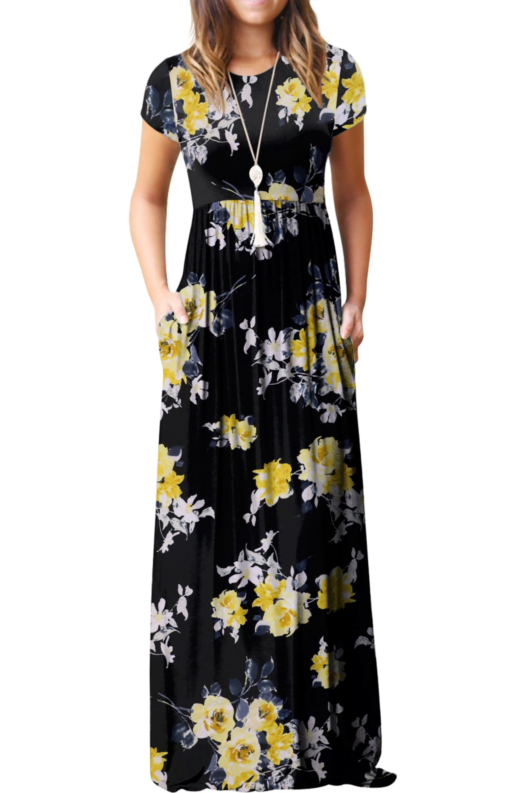 Bridget Abito Maxi Donna – Girocollo Uni, Linea Fluida & Vita Alta con Tasche Estate