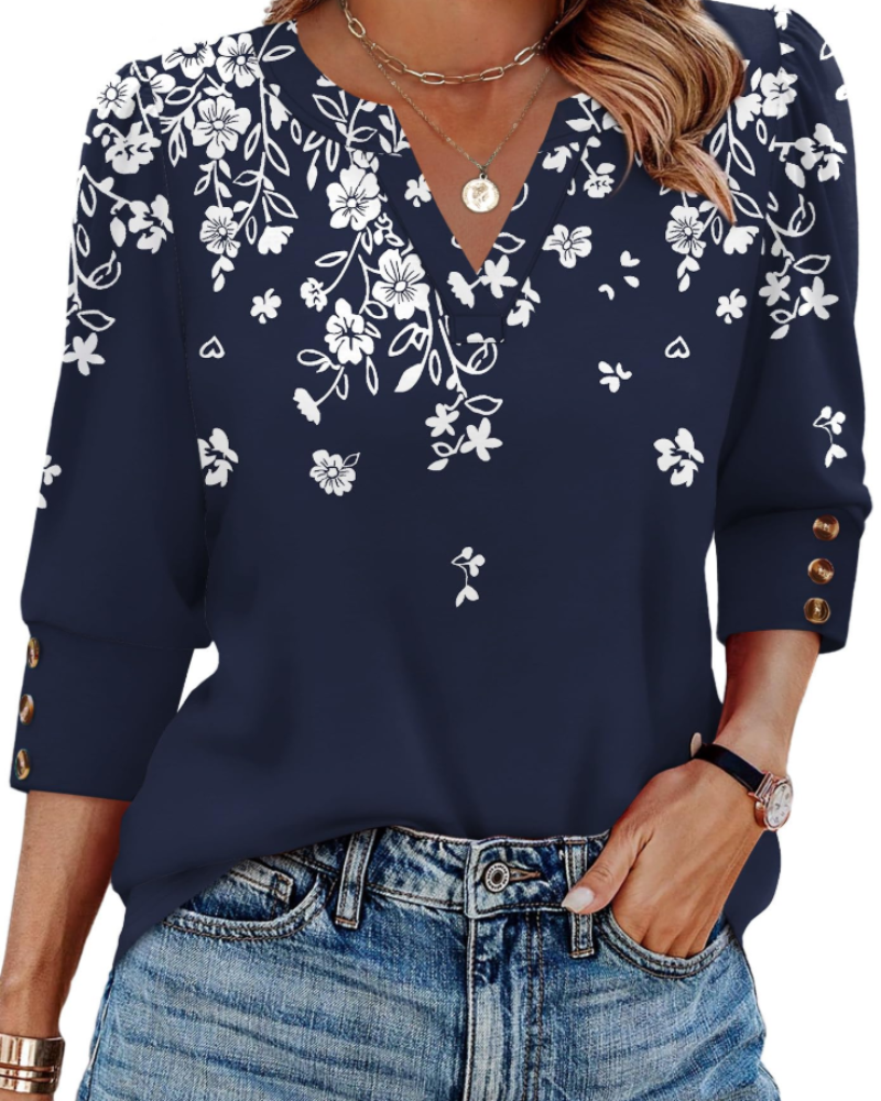 Zeline Blusa Donna – Top Scollo a V Manches 3/4 con Boutons & Style Business Casual