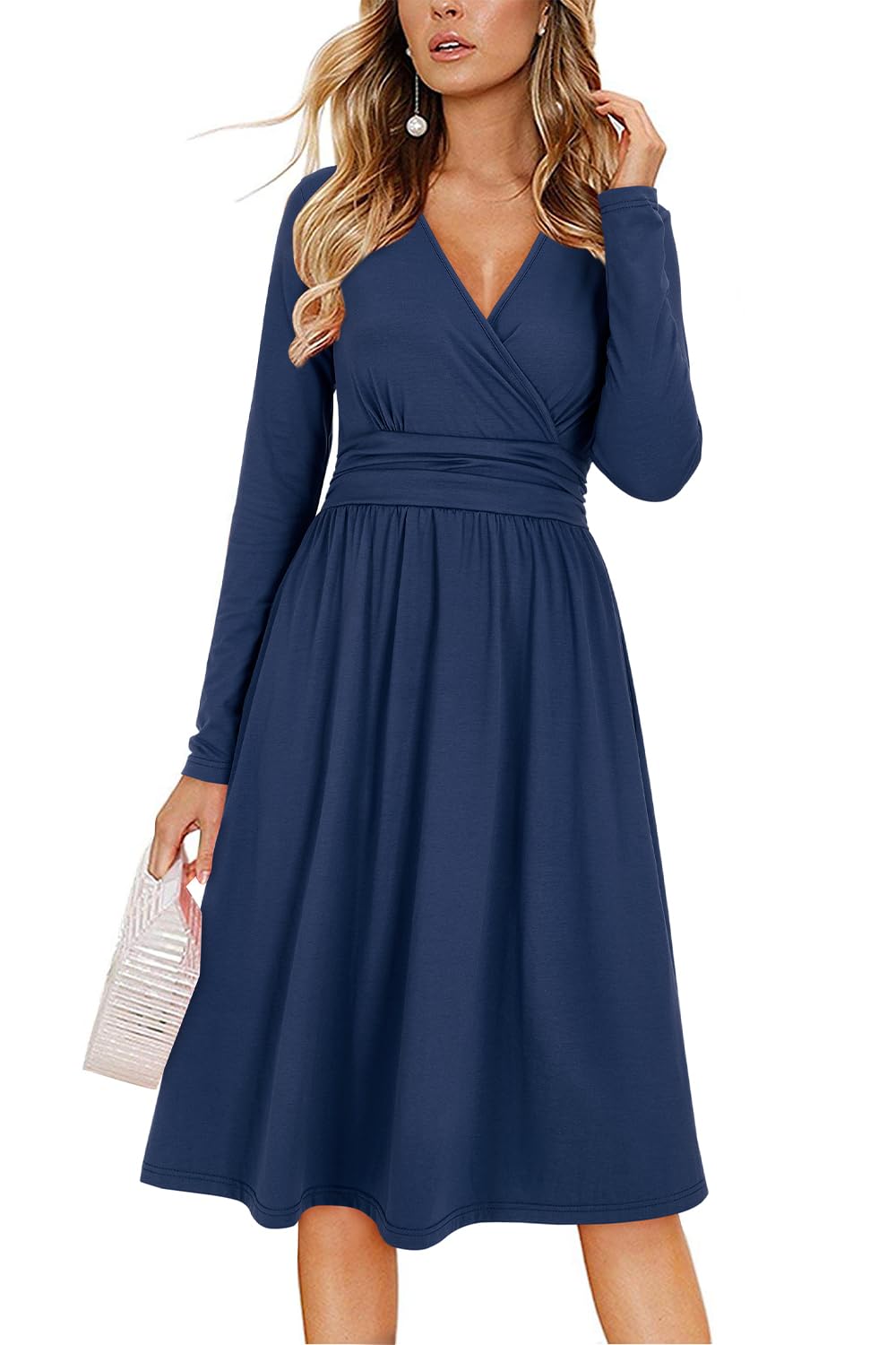 Regina Abito Donna – Scollo a V Uni, Maniche Lunghe & Linea a Trapezio Midi con Tasche