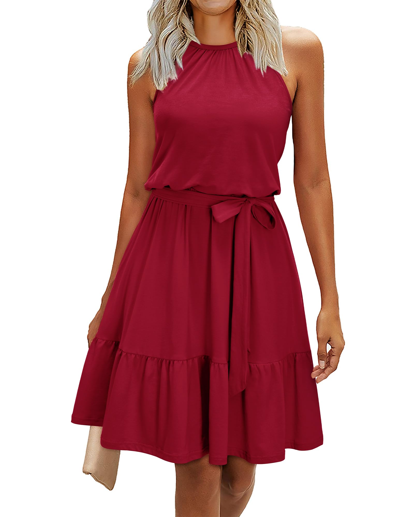 Rosa Abito Donna – Col Halter Senza Maniche, Linea a Trapezio Midi & Ceinture con Tasche