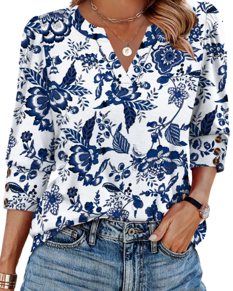 Zeline Blusa Donna – Top Scollo a V Manches 3/4 con Boutons & Style Business Casual