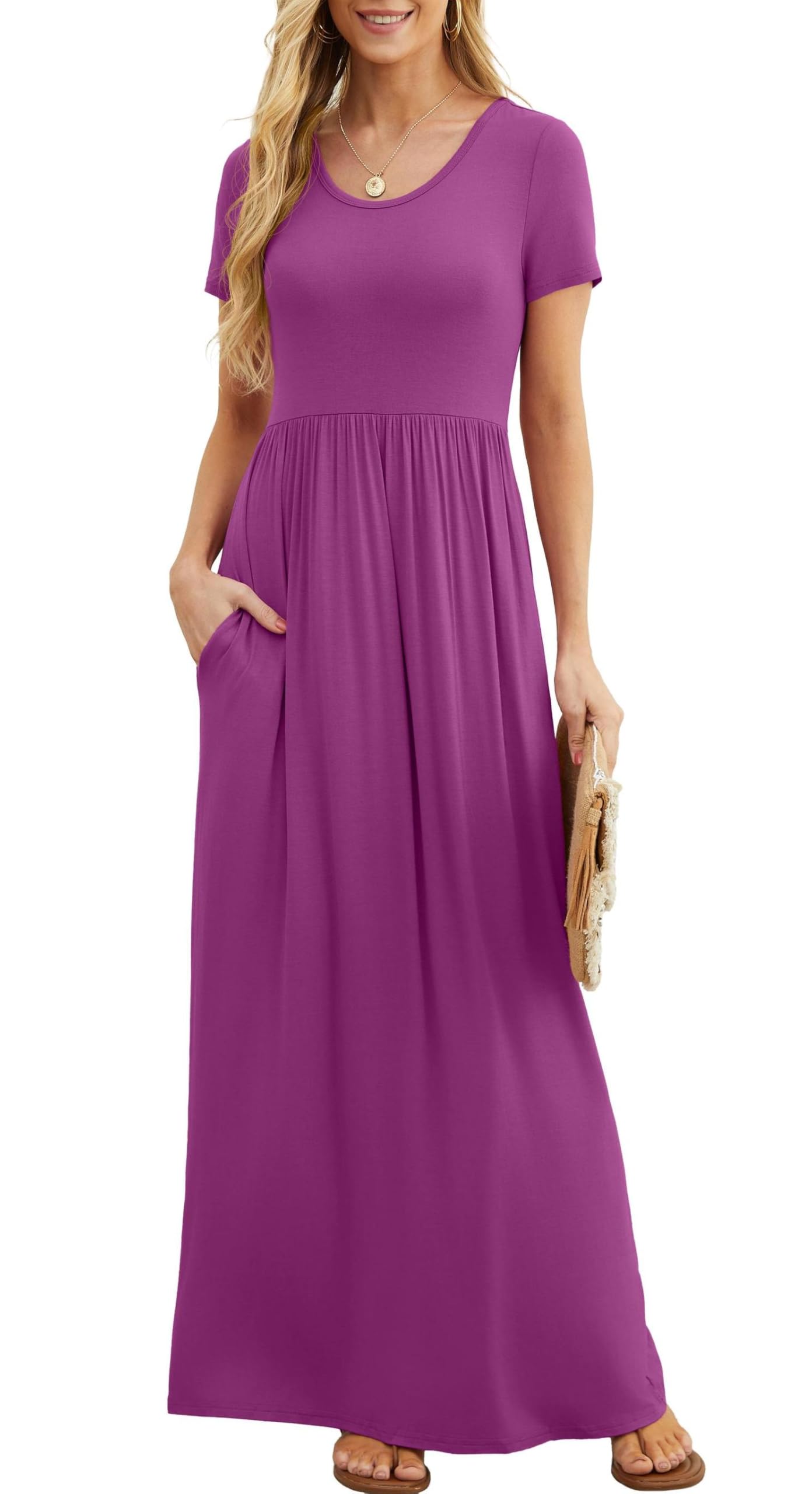 Bridget Abito Maxi Donna – Girocollo Uni, Linea Fluida & Vita Alta con Tasche Estate