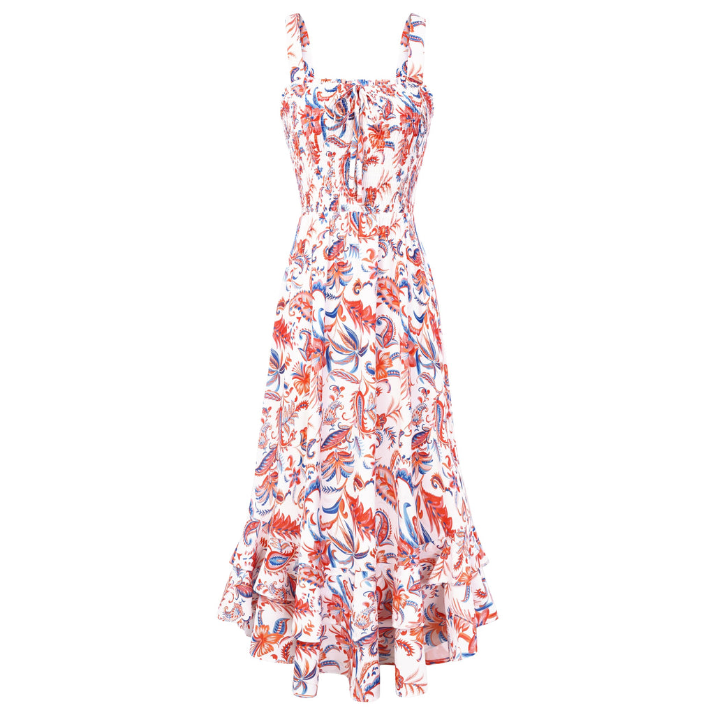 Mildred Abito Maxi Donna – Scollo Quadrato Bretella, Linea a Trapezio Smockée & Ourlet Balze Estate