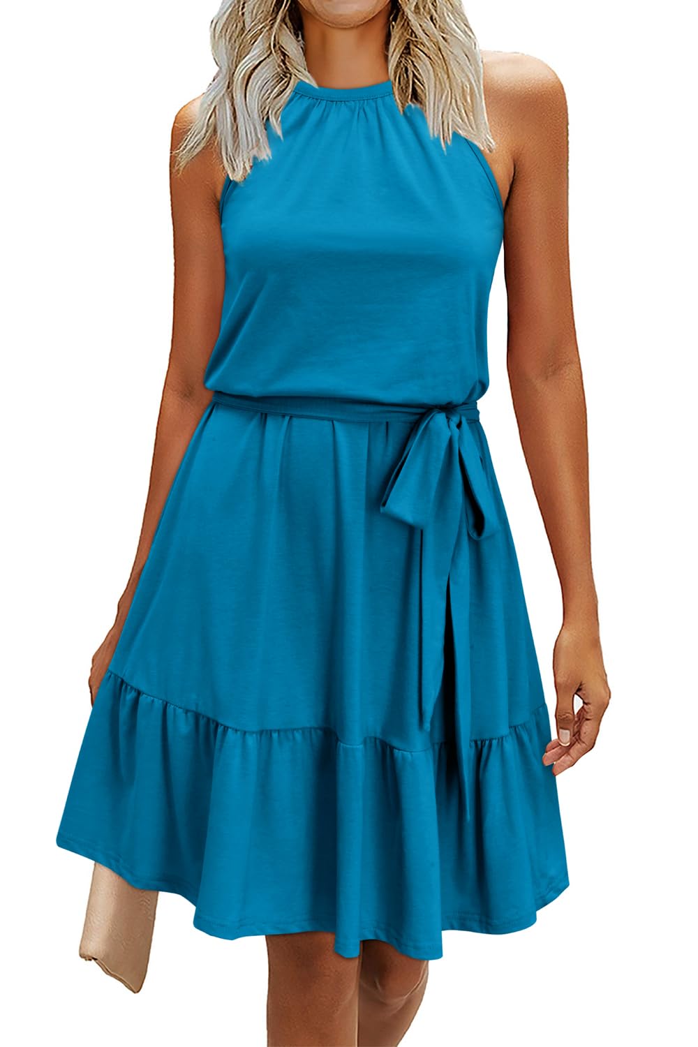 Rosa Abito Donna – Col Halter Senza Maniche, Linea a Trapezio Midi & Ceinture con Tasche