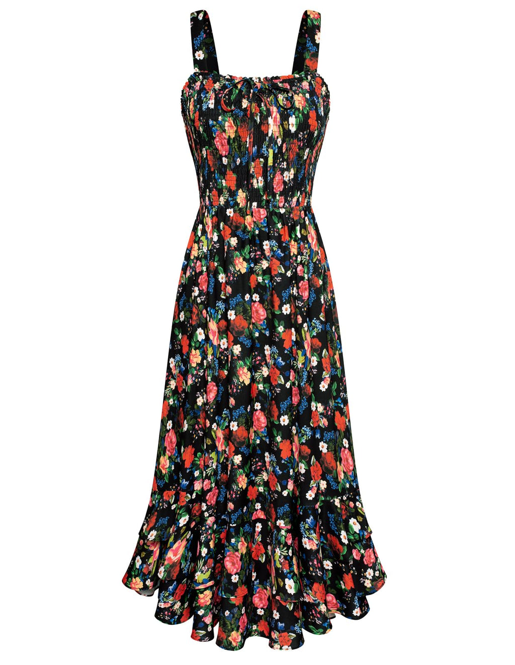 Mildred Abito Maxi Donna – Scollo Quadrato Bretella, Linea a Trapezio Smockée & Ourlet Balze Estate