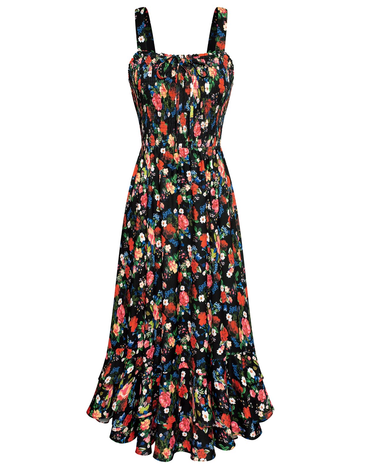 Mildred Abito Maxi Donna – Scollo Quadrato Bretella, Linea a Trapezio Smockée & Ourlet Balze Estate