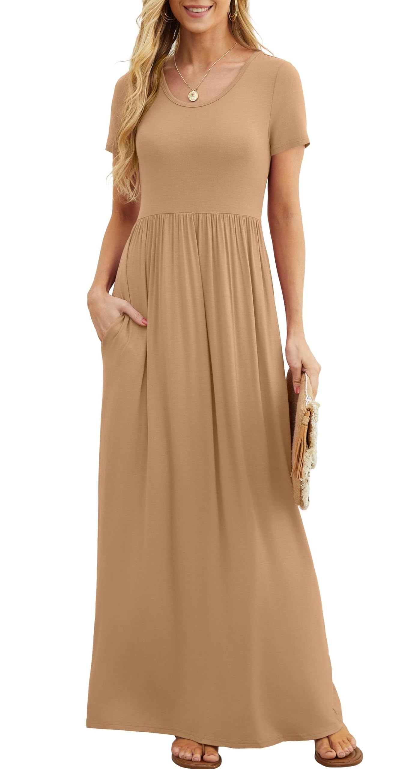 Bridget Abito Maxi Donna – Girocollo Uni, Linea Fluida & Vita Alta con Tasche Estate