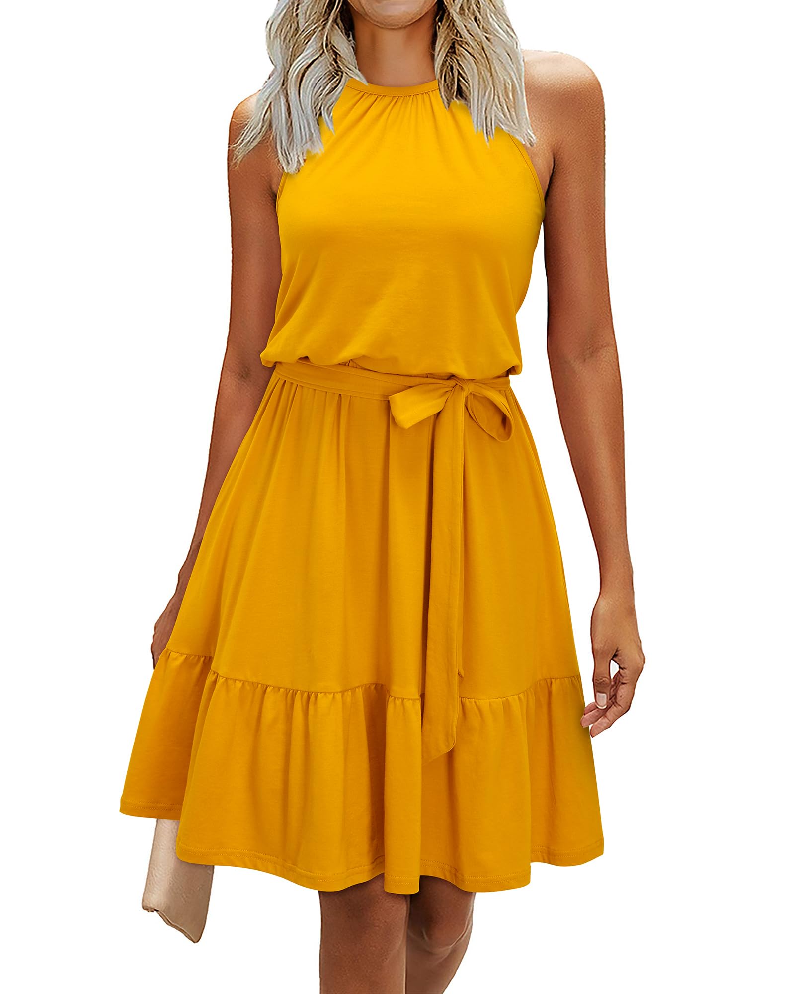 Rosa Abito Donna – Col Halter Senza Maniche, Linea a Trapezio Midi & Ceinture con Tasche