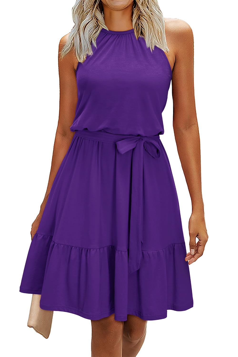 Rosa Abito Donna – Col Halter Senza Maniche, Linea a Trapezio Midi & Ceinture con Tasche