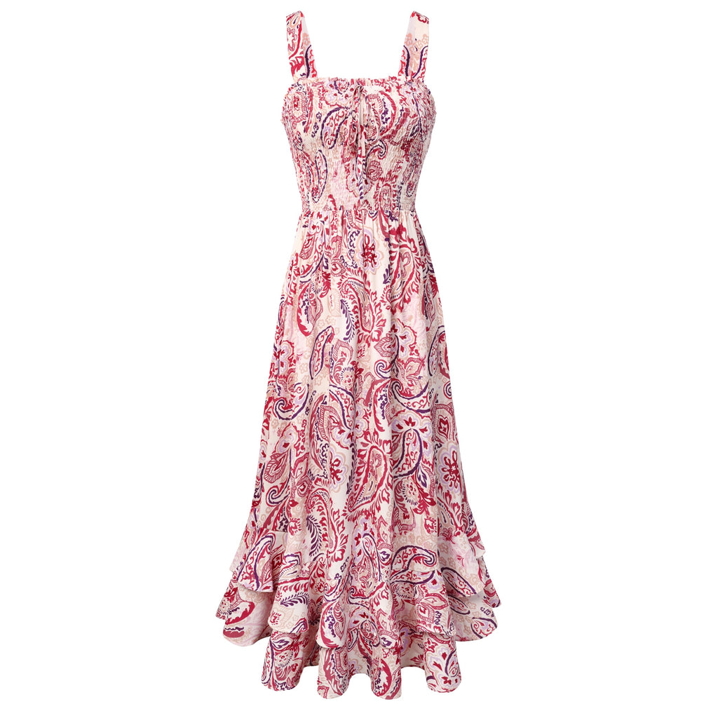 Mildred Abito Maxi Donna – Scollo Quadrato Bretella, Linea a Trapezio Smockée & Ourlet Balze Estate