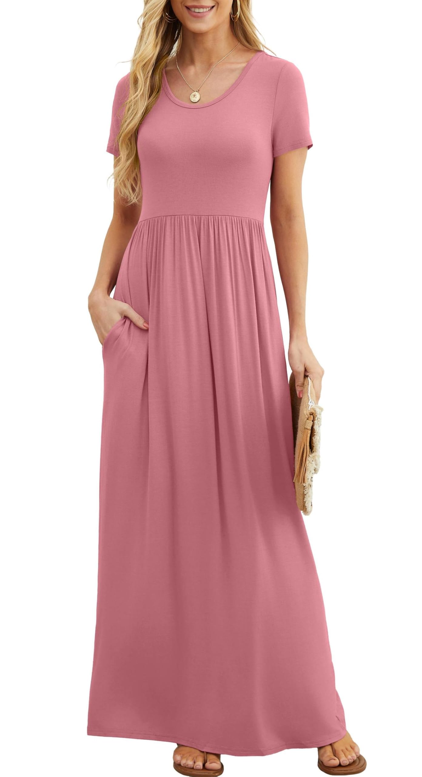 Bridget Abito Maxi Donna – Girocollo Uni, Linea Fluida & Vita Alta con Tasche Estate