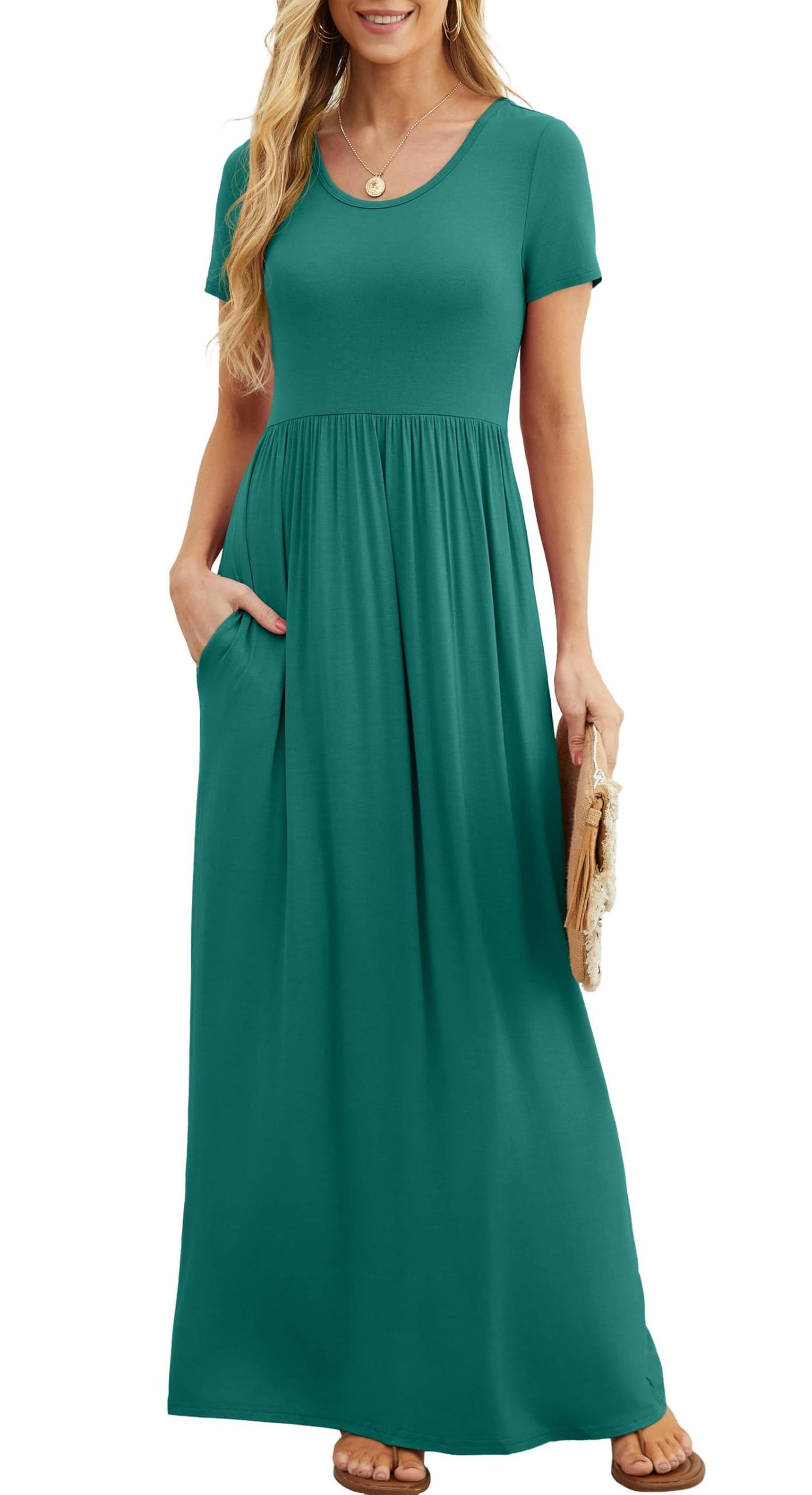 Bridget Abito Maxi Donna – Girocollo Uni, Linea Fluida & Vita Alta con Tasche Estate
