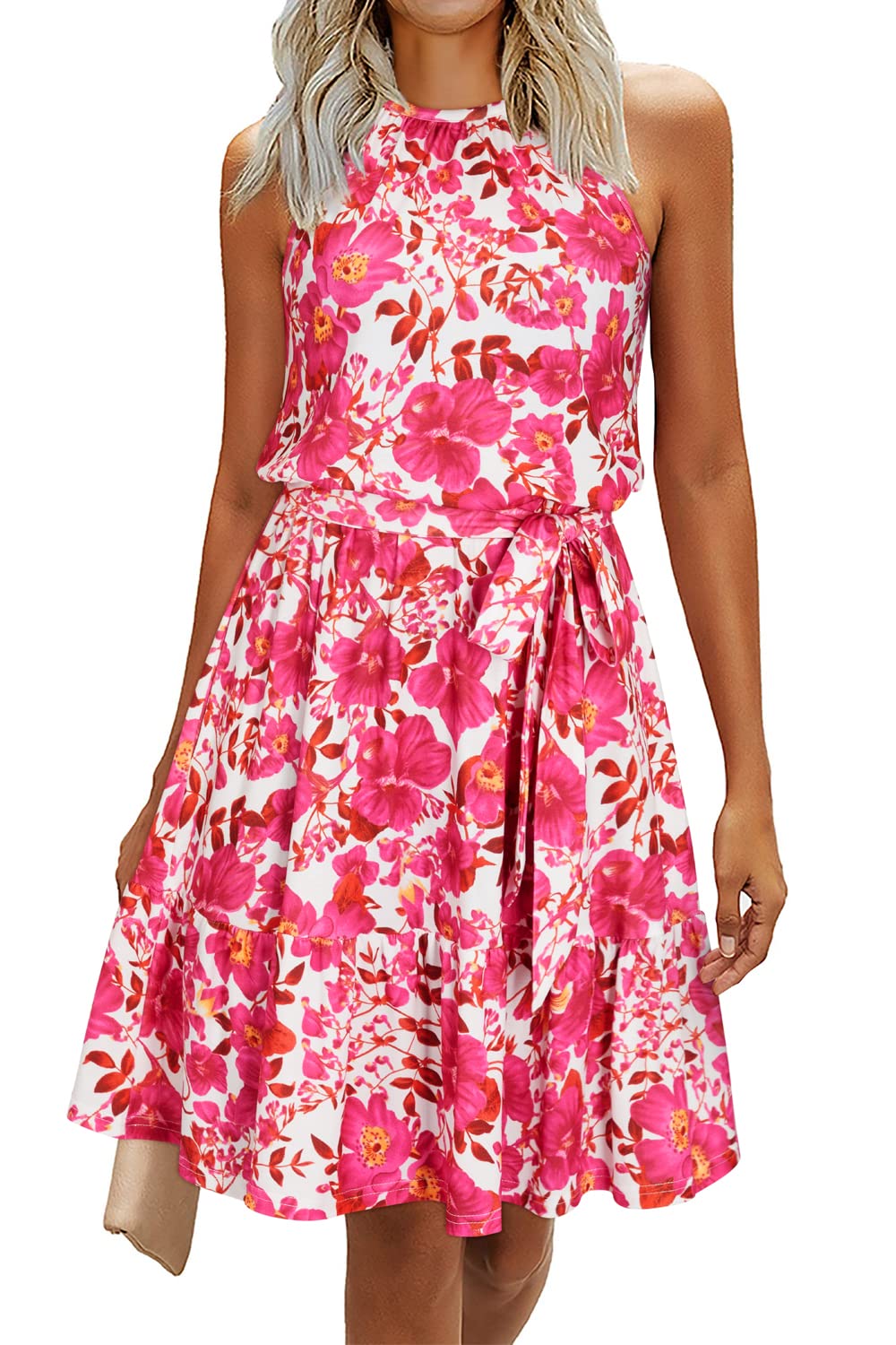 Rosa Abito Donna – Col Halter Senza Maniche, Linea a Trapezio Midi & Ceinture con Tasche
