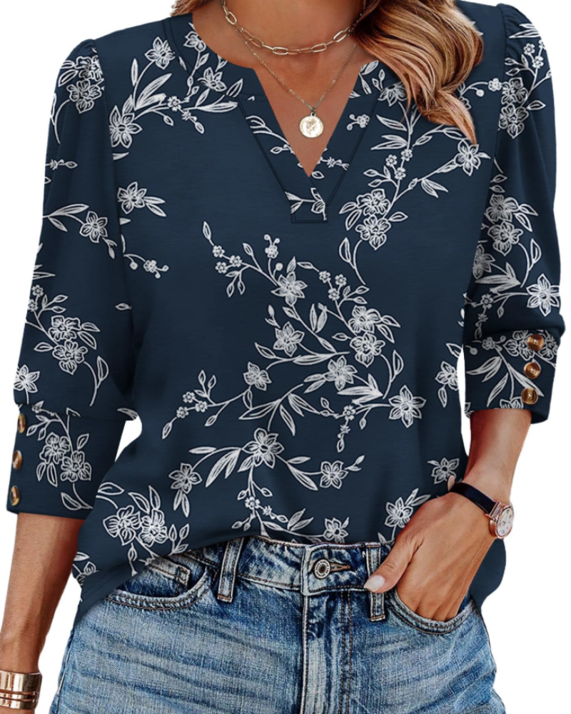 Zeline Blusa Donna – Top Scollo a V Manches 3/4 con Boutons & Style Business Casual