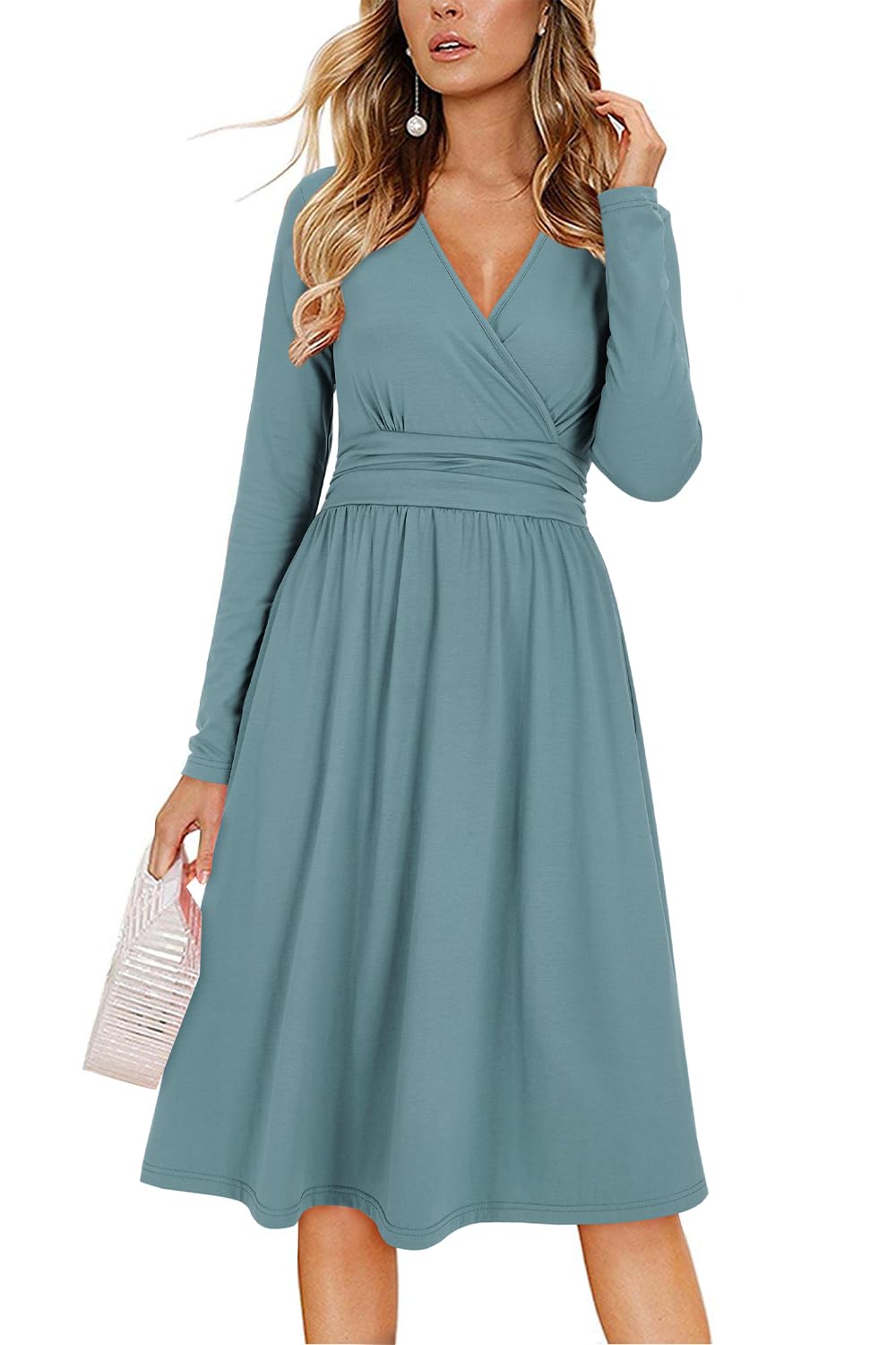 Regina Abito Donna – Scollo a V Uni, Maniche Lunghe & Linea a Trapezio Midi con Tasche