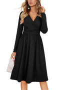 Regina Abito Donna – Scollo a V Uni, Maniche Lunghe & Linea a Trapezio Midi con Tasche