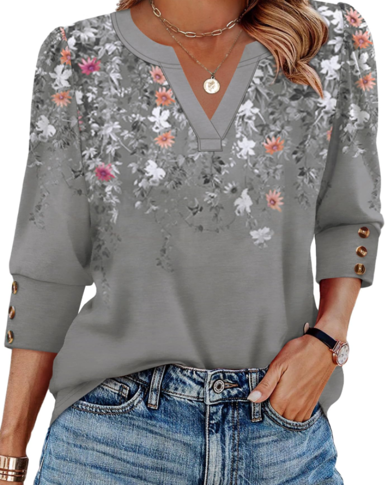 Zeline Blusa Donna – Top Scollo a V Manches 3/4 con Boutons & Style Business Casual