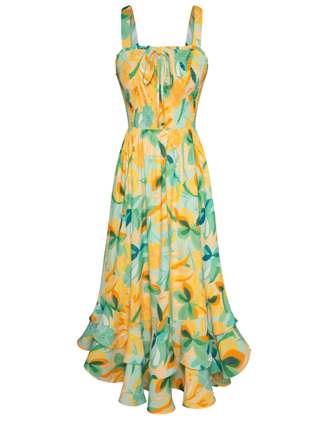 Mildred Abito Maxi Donna – Scollo Quadrato Bretella, Linea a Trapezio Smockée & Ourlet Balze Estate