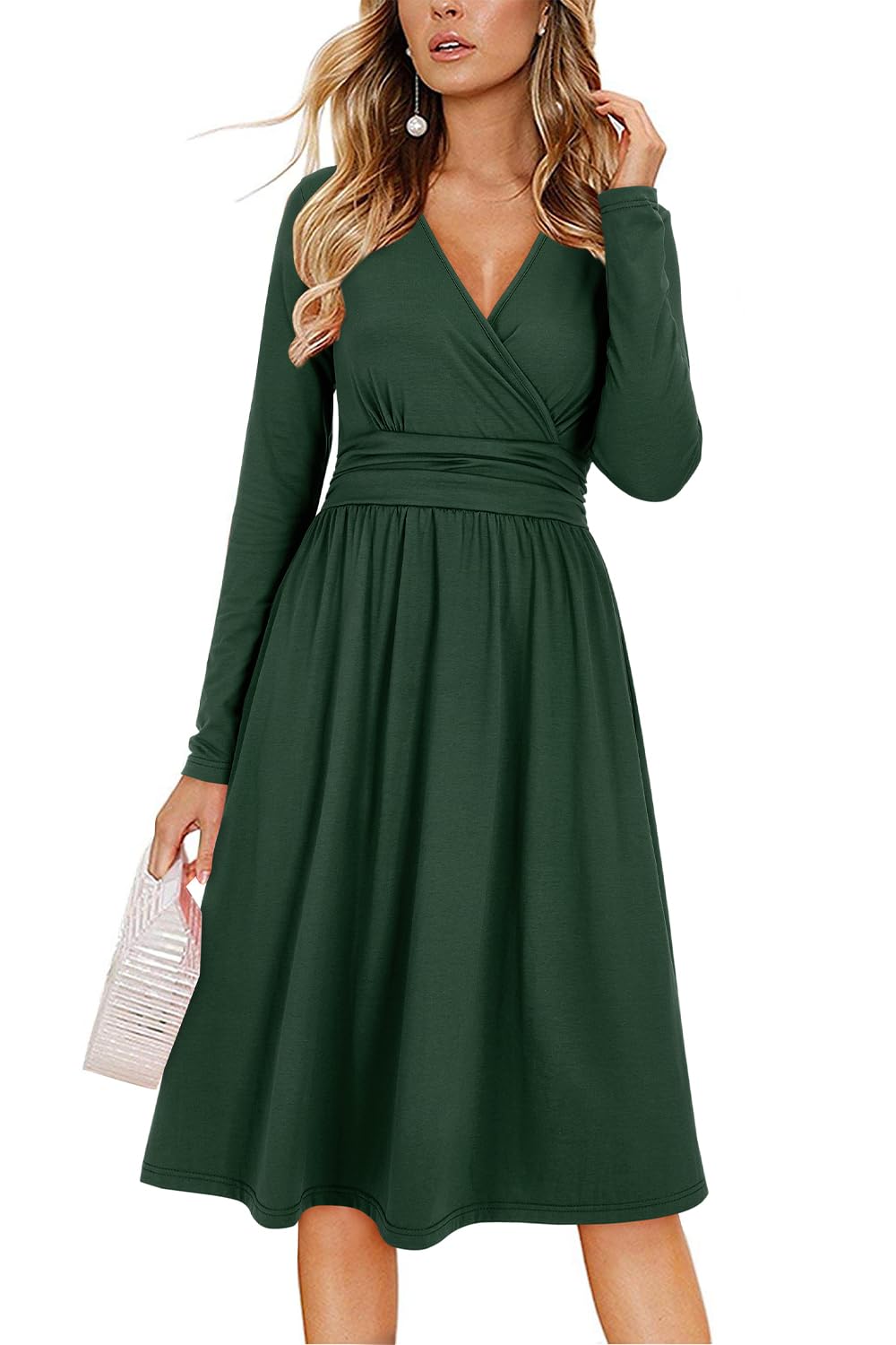 Regina Abito Donna – Scollo a V Uni, Maniche Lunghe & Linea a Trapezio Midi con Tasche