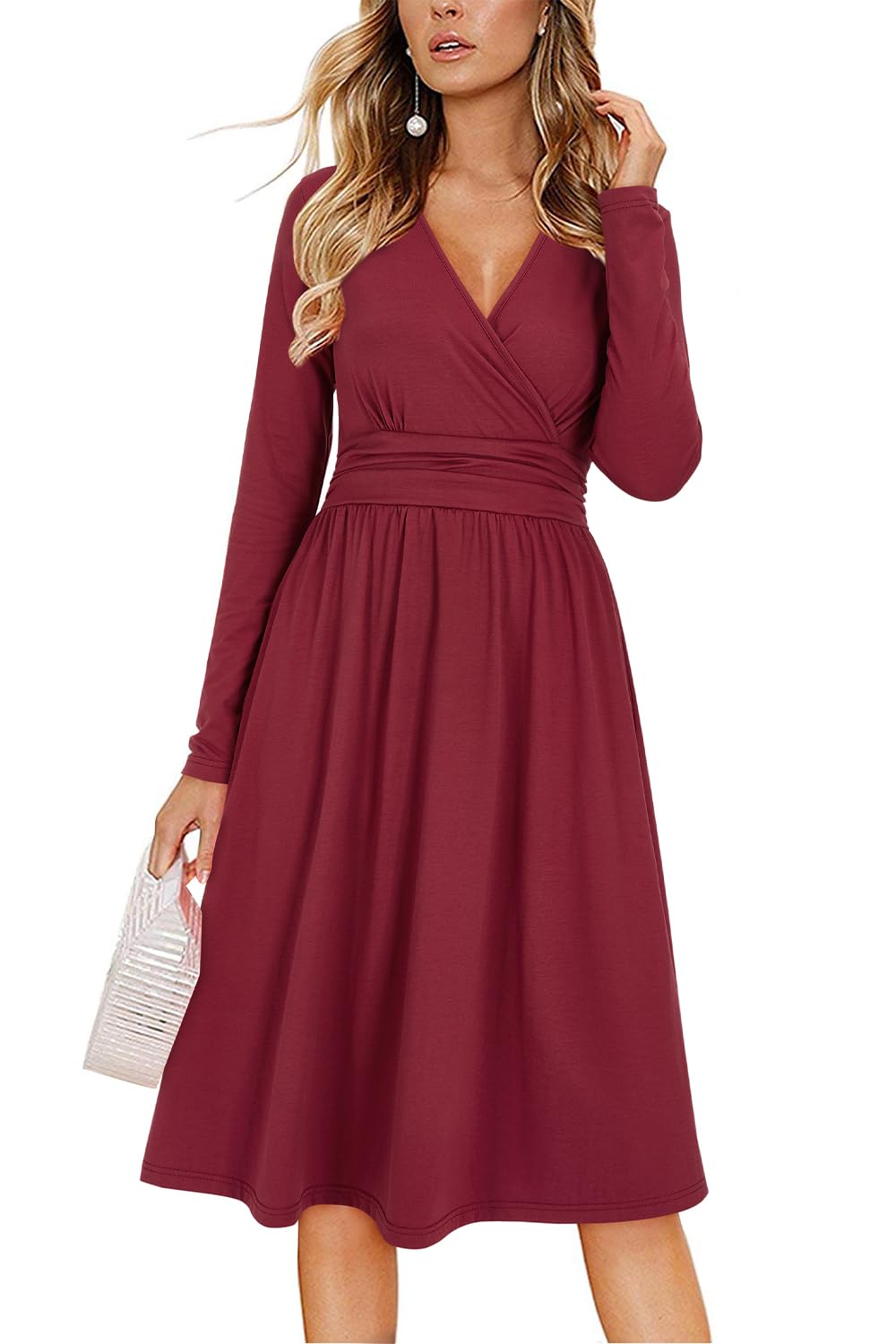 Regina Abito Donna – Scollo a V Uni, Maniche Lunghe & Linea a Trapezio Midi con Tasche