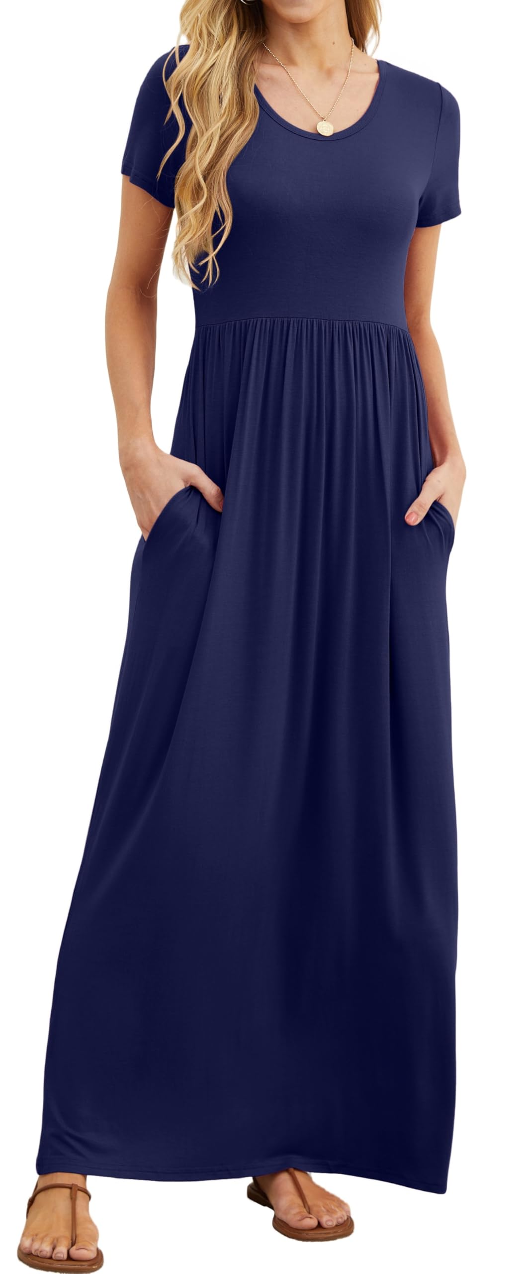 Bridget Abito Maxi Donna – Girocollo Uni, Linea Fluida & Vita Alta con Tasche Estate